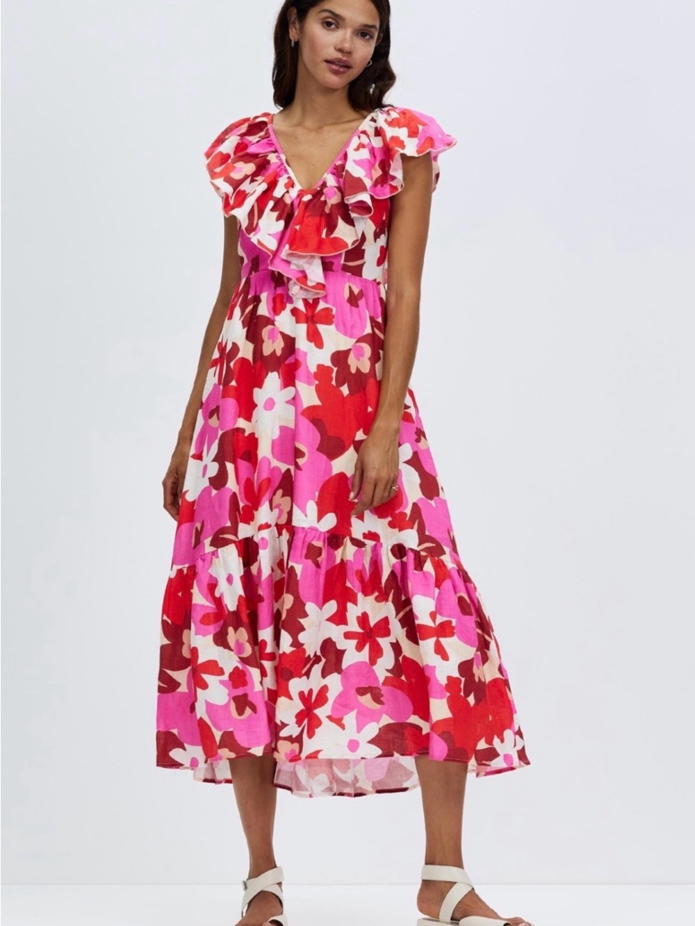 AERE Flutter-Sleeve Floral Midi Dress in Pink and Red